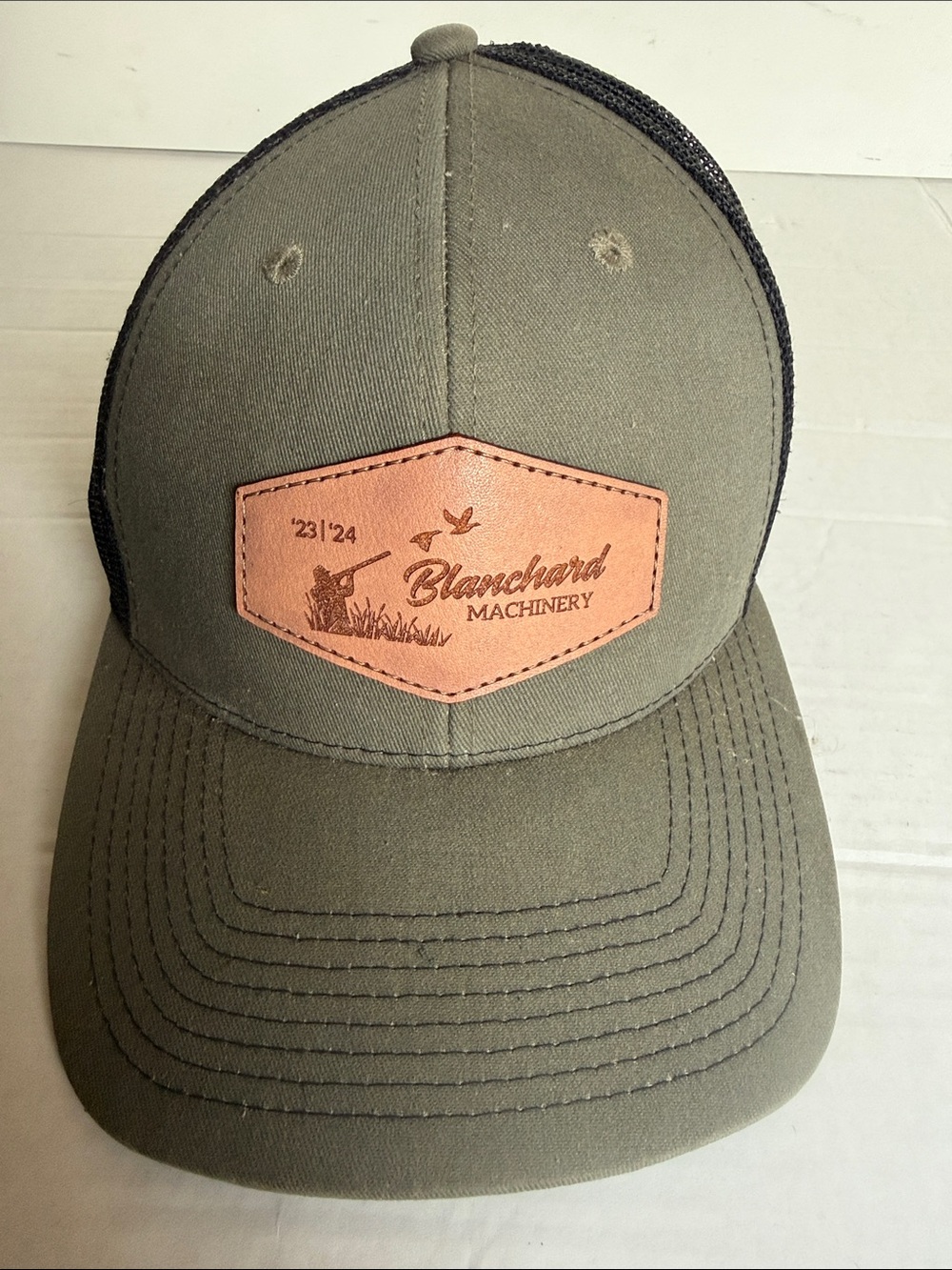 Blanchard Machinery Olive Green Trucker Hat with Leather Patch